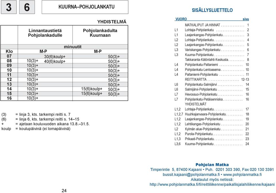 ................ L1 Laajankangas-Pohjolankatu............. L Lohtaja-Pohjolankatu.................. L Laajankangas-Pohjolankatu............. 5 L Variskangas-Pohjolankatu.............. 6 L Kuurna-Pohjolankatu.