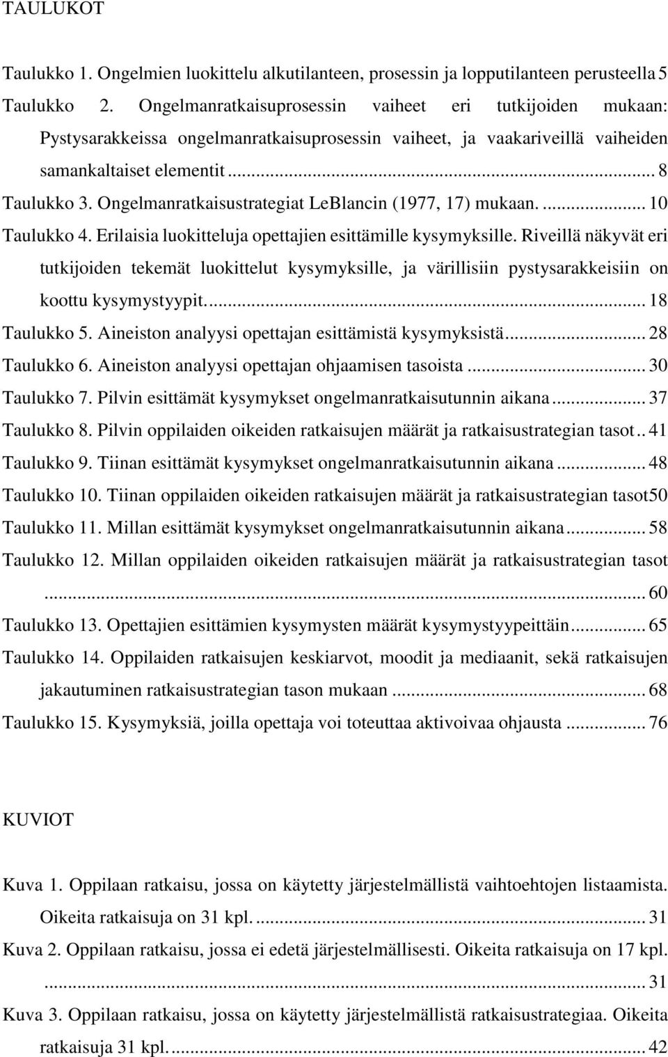 Ongelmanratkaisustrategiat LeBlancin (1977, 17) mukaan.... 10 Taulukko 4. Erilaisia luokitteluja opettajien esittämille kysymyksille.