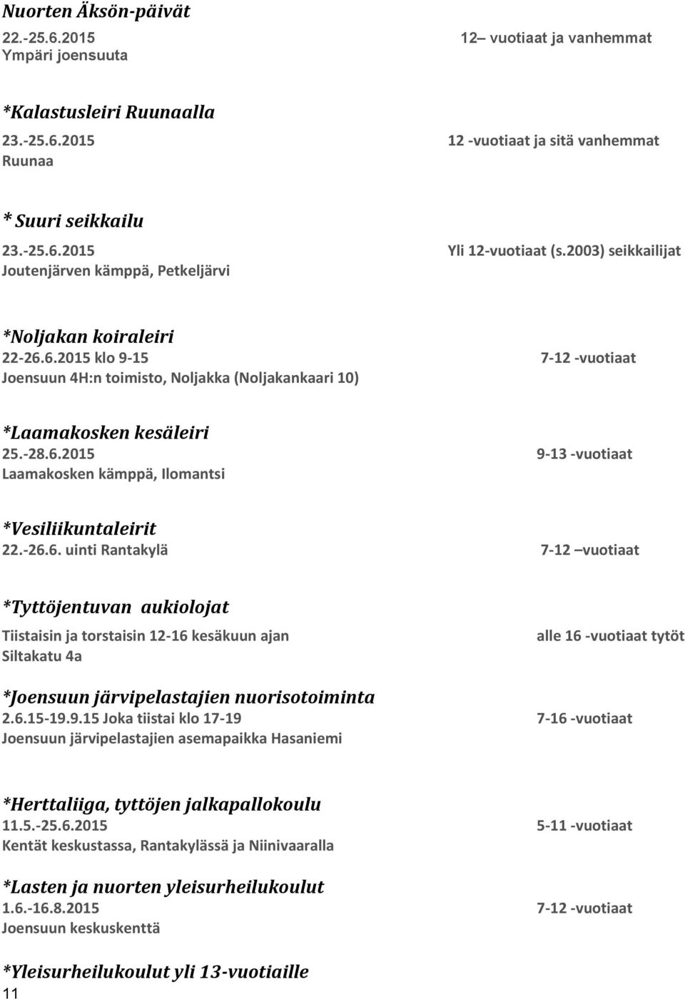 -26.6. uinti Rantakylä 7-12 vuotiaat *Tyttöjentuvan aukiolojat Tiistaisin ja torstaisin 12-16 kesäkuun ajan Siltakatu 4a alle 16 -vuotiaat tytöt *Joensuun järvipelastajien nuorisotoiminta