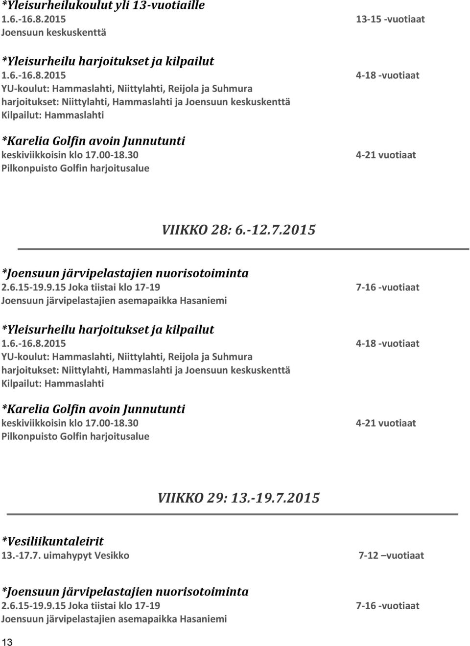 2015 *Joensuun järvipelastajien nuorisotoiminta harjoitukset: Niittylahti, Hammaslahti