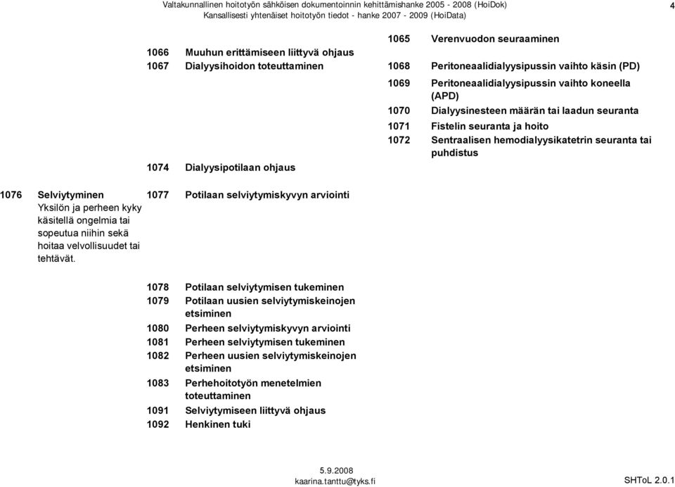 selviytymiskyvyn arviointi 1069 Peritoneaalidialyysipussin vaihto koneella (APD) 1070 Dialyysinesteen määrän tai laadun seuranta 1071 Fistelin seuranta ja hoito 1072 Sentraalisen hemodialyysikatetrin