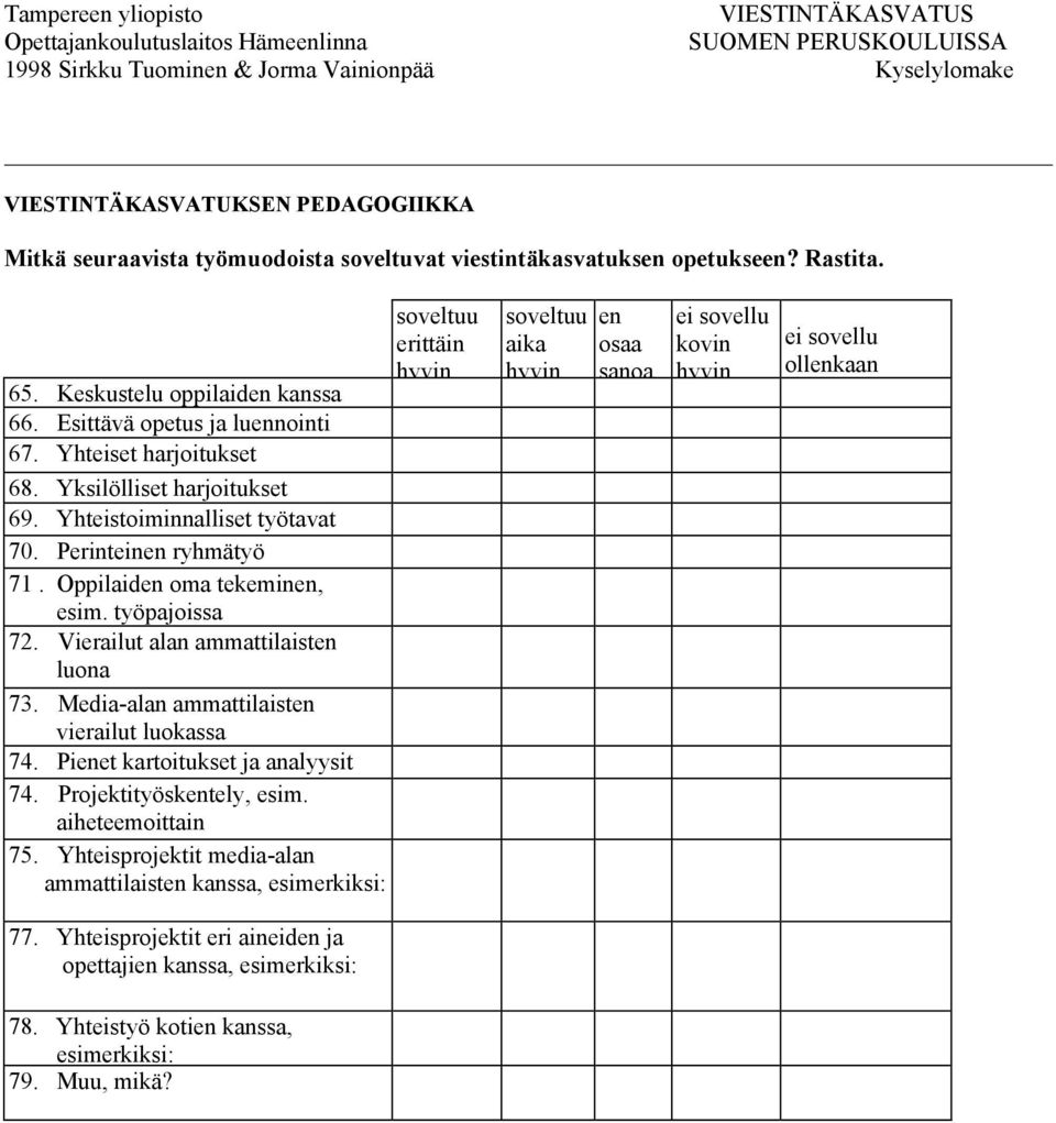 Vierailut alan ammattilaisten luona 73. Media-alan ammattilaisten vierailut luokassa 74. Pienet kartoitukset ja analyysit 74. Projektityöskentely, esim. aiheteemoittain 75.