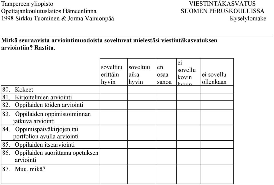 Oppilaiden oppimistoiminnan jatkuva arviointi 84. Oppimispäiväkirjojen tai portfolion avulla arviointi 85.