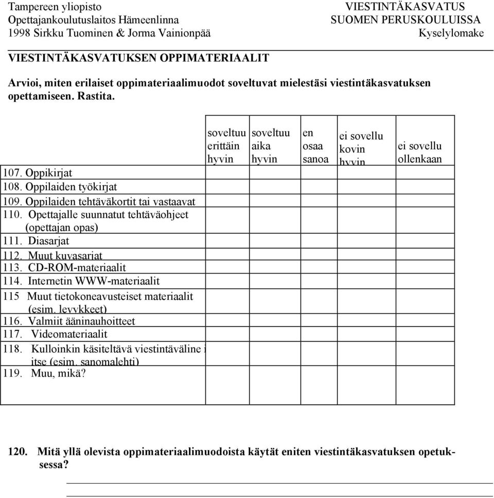 Internetin WWW-materiaalit 115 Muut tietokoneavusteiset materiaalit (esim. levykkeet) 116. Valmiit ääninauhoitteet 117. Videomateriaalit 118.