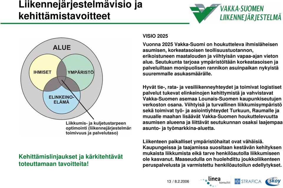 Hyvät tie-, rata- ja vesiliikenneyhteydet ja toimivat logistiset palvelut tukevat elinkeinojen kehittymistä ja vahvistavat Vakka-Suomen asemaa Lounais-Suomen kaupunkiseutujen verkoston osana.