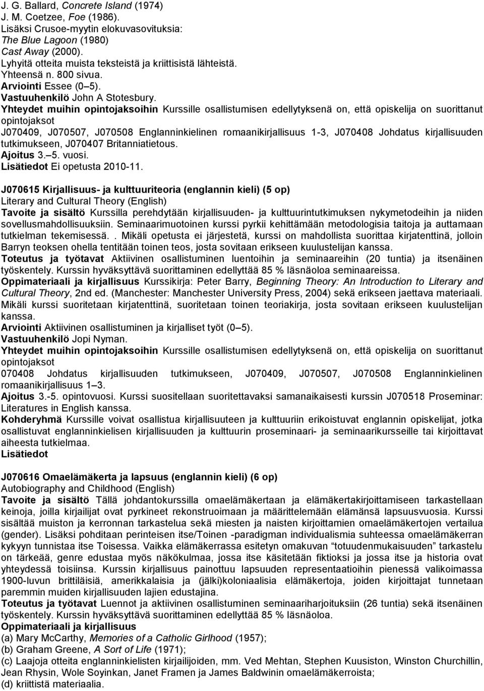 opintojaksot J070409, J070507, J070508 Englanninkielinen romaanikirjallisuus 1-3, J070408 Johdatus kirjallisuuden tutkimukseen, J070407 Britanniatietous. Ajoitus 3. 5. vuosi.