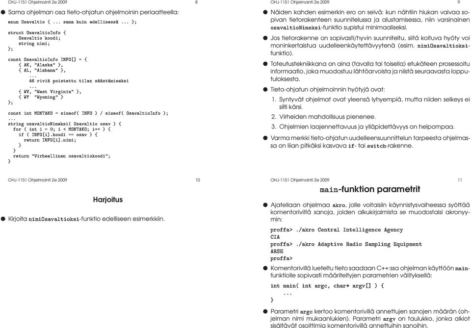 periaatteella: ÒÙÑ Ç Ú Ø Ó ß Ñ Ù Ò Ò Ñ ØÖ Ò OHJ-1151 Ohjelmointi 2e 2009 9 Näiden kahden esimerkin ero on selvä: kun nähtiin hiukan vaivaa sopivan tietorakenteen suunnitelussa ja alustamisessa, niin