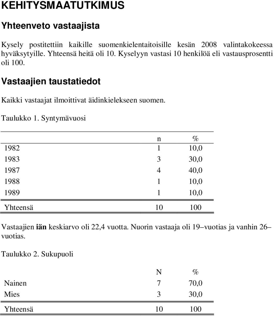 Vastaajien taustatiedot Kaikki vastaajat ilmoittivat äidinkielekseen suomen. Taulukko 1.