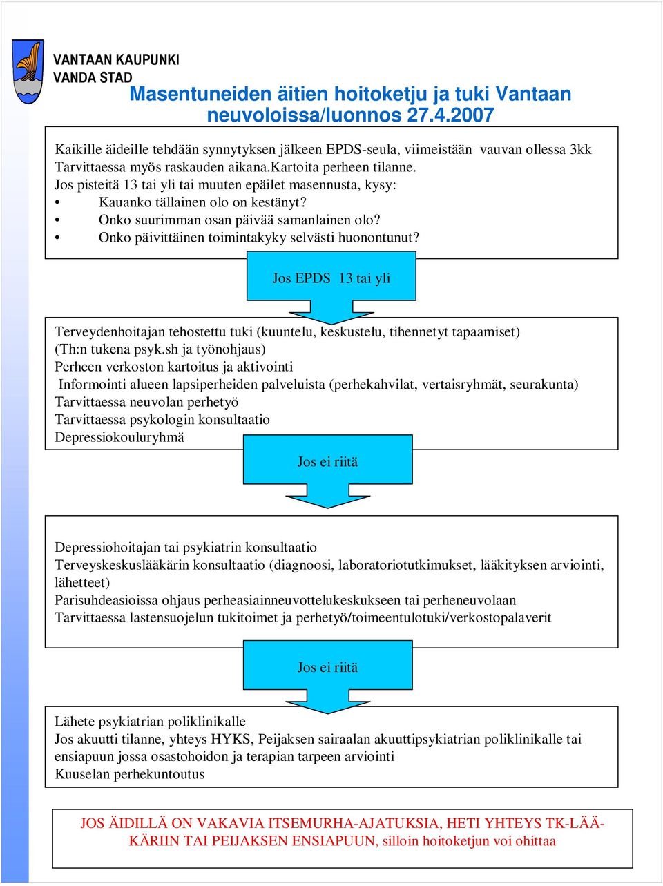 Jos pisteitä 13 tai yli tai muuten epäilet masennusta, kysy: Kauanko tällainen olo on kestänyt? Onko suurimman osan päivää samanlainen olo? Onko päivittäinen toimintakyky selvästi huonontunut?