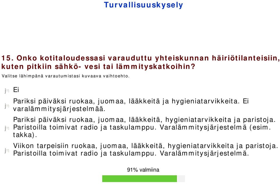 Ei varalämmitysjärjestelmää. Pariksi päiväksi ruokaa, juomaa, lääkkeitä, hygieniatarvikkeita ja paristoja.