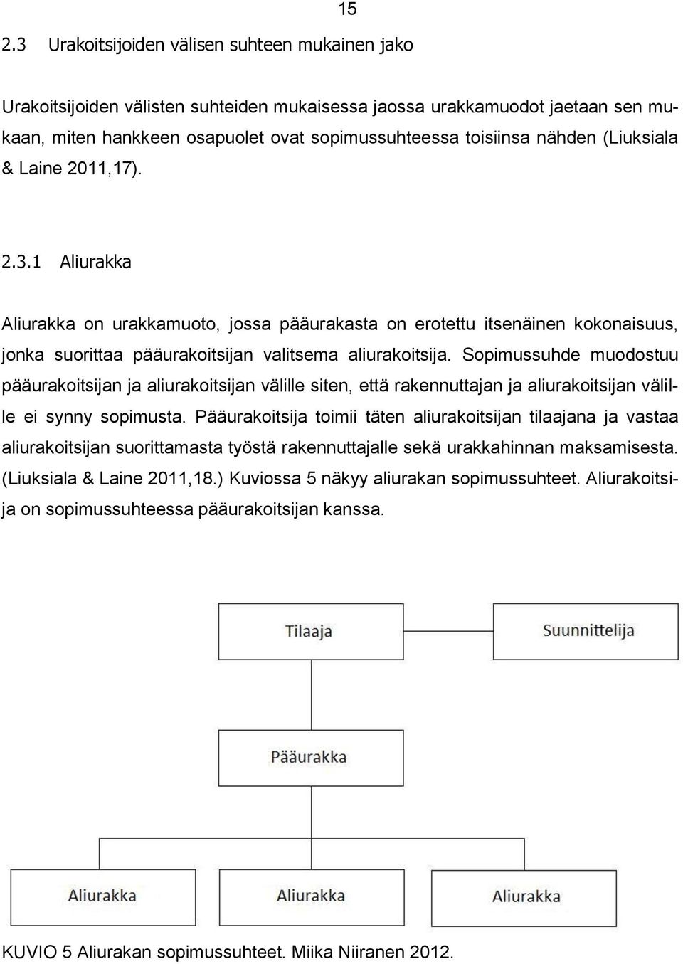 Sopimussuhde muodostuu pääurakoitsijan ja aliurakoitsijan välille siten, että rakennuttajan ja aliurakoitsijan välille ei synny sopimusta.