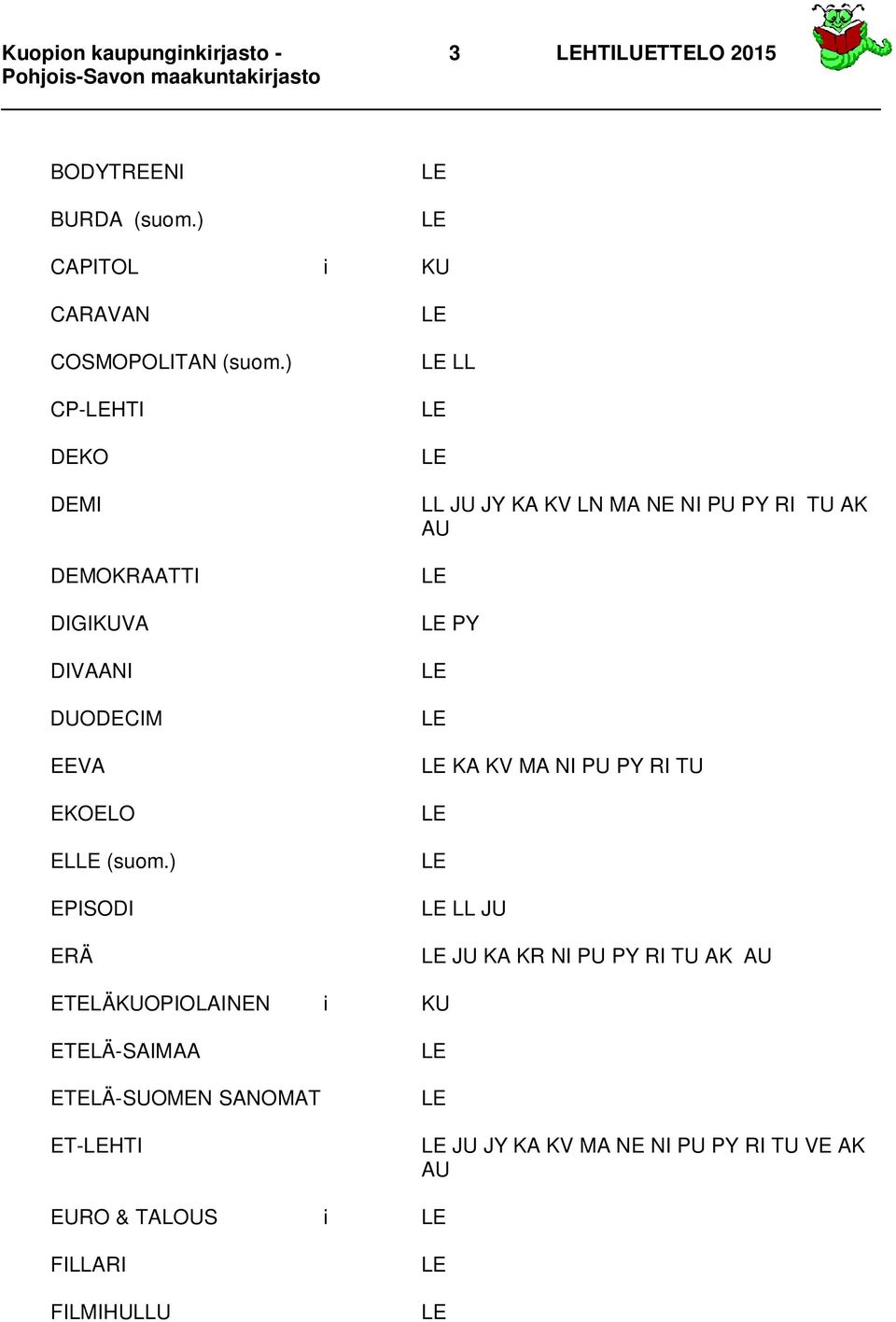 ) EPISODI ERÄ LL LL JU JY KA KV LN MA NE NI PU PY RI TU AK AU PY KA KV MA NI PU PY RI TU LL JU JU KA KR NI PU PY