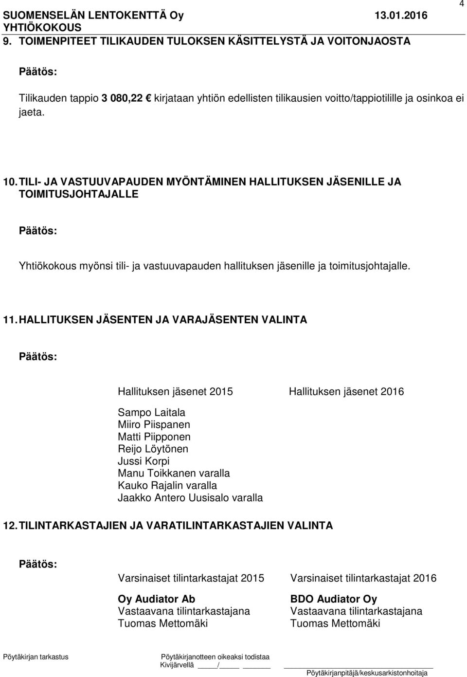 HALLITUKSEN JÄSENTEN JA VARAJÄSENTEN VALINTA Hallituksen jäsenet 2015 Hallituksen jäsenet 2016 Sampo Laitala Miiro Piispanen Matti Piipponen Reijo Löytönen Jussi Korpi Manu Toikkanen varalla Kauko