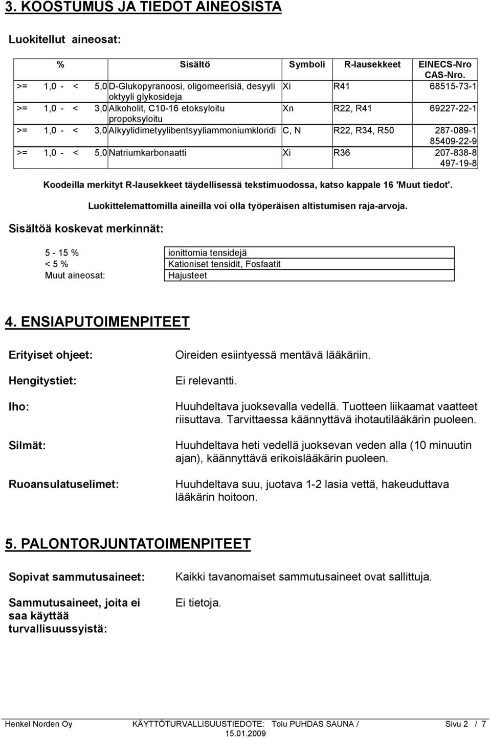 Alkyylidimetyylibentsyyliammoniumkloridi C, N R22, R34, R50 287-089-1 85409-22-9 >= 1,0 - < 5,0 Natriumkarbonaatti Xi R36 207-838-8 497-19-8 Koodeilla merkityt R-lausekkeet täydellisessä