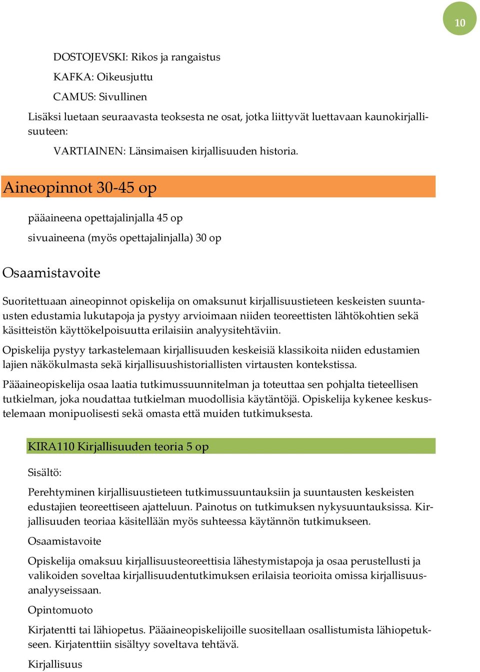 Aineopinnot 30-45 op pääaineena opettajalinjalla 45 op sivuaineena (myös opettajalinjalla) 30 op Suoritettuaan aineopinnot opiskelija on omaksunut kirjallisuustieteen keskeisten suuntausten edustamia