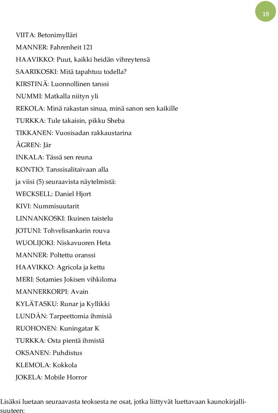 Tässä sen reuna KONTIO: Tanssisalitaivaan alla ja viisi (5) seuraavista näytelmistä: WECKSELL: Daniel Hjort KIVI: Nummisuutarit LINNANKOSKI: Ikuinen taistelu JOTUNI: Tohvelisankarin rouva WUOLIJOKI: