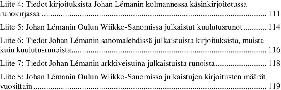 .. 114 Liite 6: Tiedot Johan Lémanin sanomalehdissä julkaistuista kirjoituksista, muista kuin kuulutusrunoista.