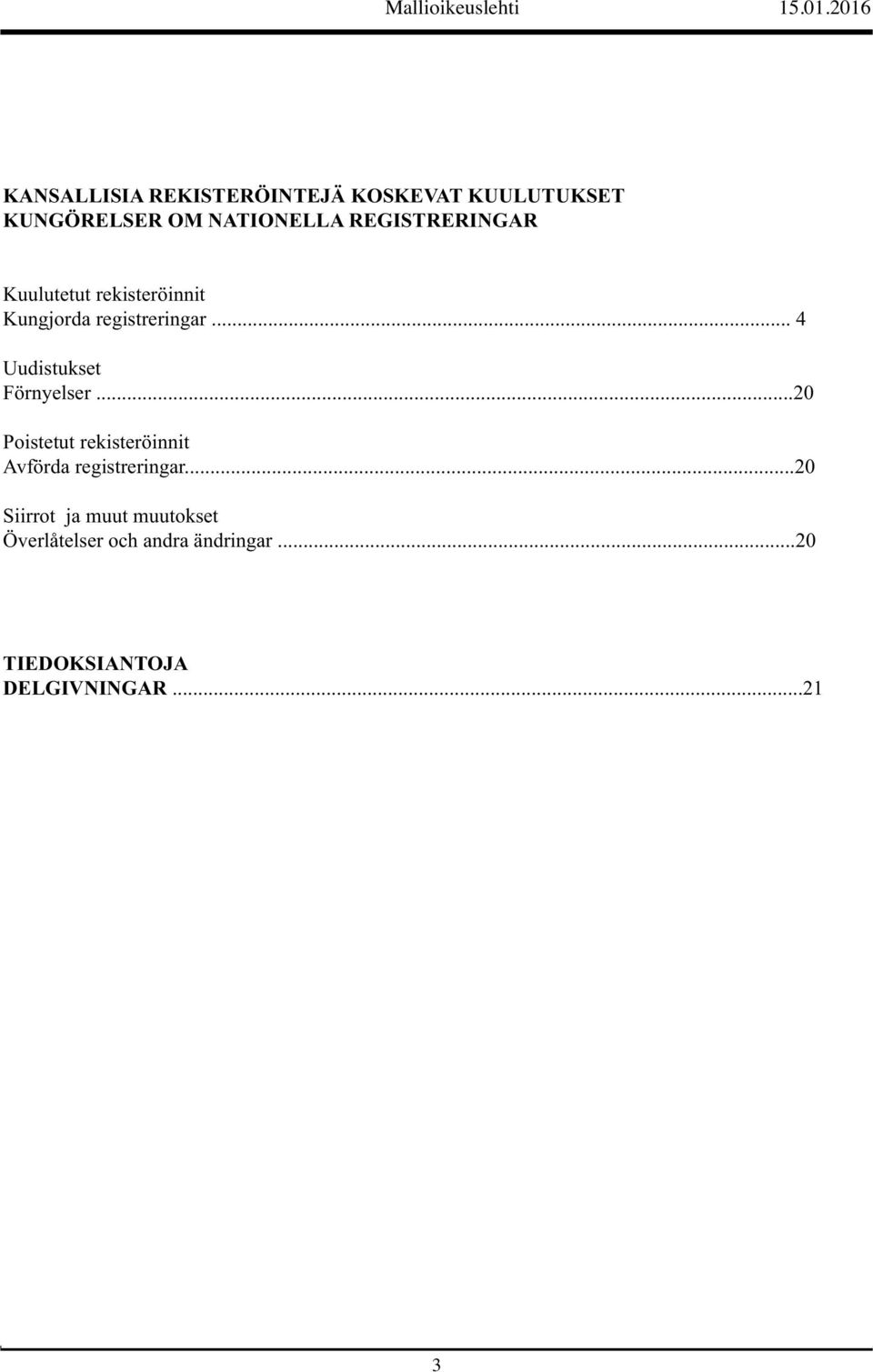 .. 4 Uudistukset Förnyelser...20 Poistetut rekisteröinnit Avförda registreringar.