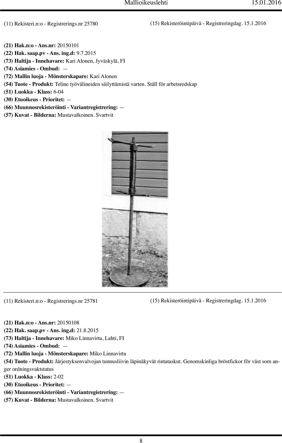 2015 (73) Haltija - Innehavare: Kari Alonen, Jyväskylä, FI (72) Mallin luoja - Mönsterskapare: Kari Alonen (54) Tuote - Produkt: Teline työvälineiden säilyttämistä varten.