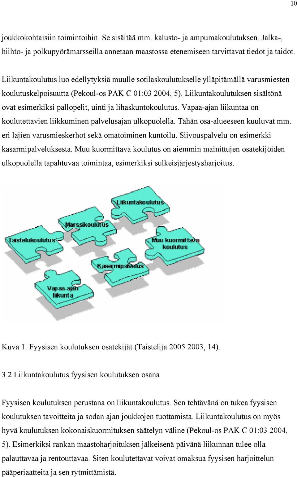 Liikuntakoulutuksen sisältönä ovat esimerkiksi pallopelit, uinti ja lihaskuntokoulutus. Vapaa-ajan liikuntaa on koulutettavien liikkuminen palvelusajan ulkopuolella. Tähän osa-alueeseen kuuluvat mm.