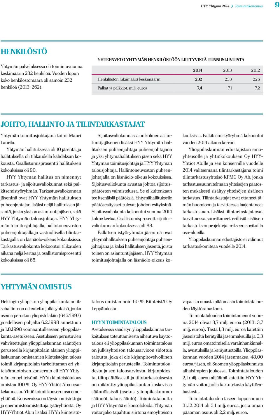 euroa 7,4 7,1 7,2 JOHTO, HALLINTO JA TILINTARKASTAJAT Yhtymän toimitusjohtajana toimi Mauri Laurila. Yhtymän hallituksessa oli 10 jäsentä, ja hallituksella oli tilikaudella kahdeksan kokousta.