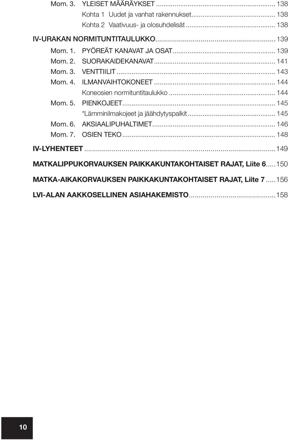 .. 144 Mom. 5. PIENKOJEET... 145 *Lämminilmakojeet ja jäähdytyspalkit... 145 Mom. 6. AKSIAALIPUHALTIMET... 146 Mom. 7. OSIEN TEKO... 148 IV-LYHENTEET.