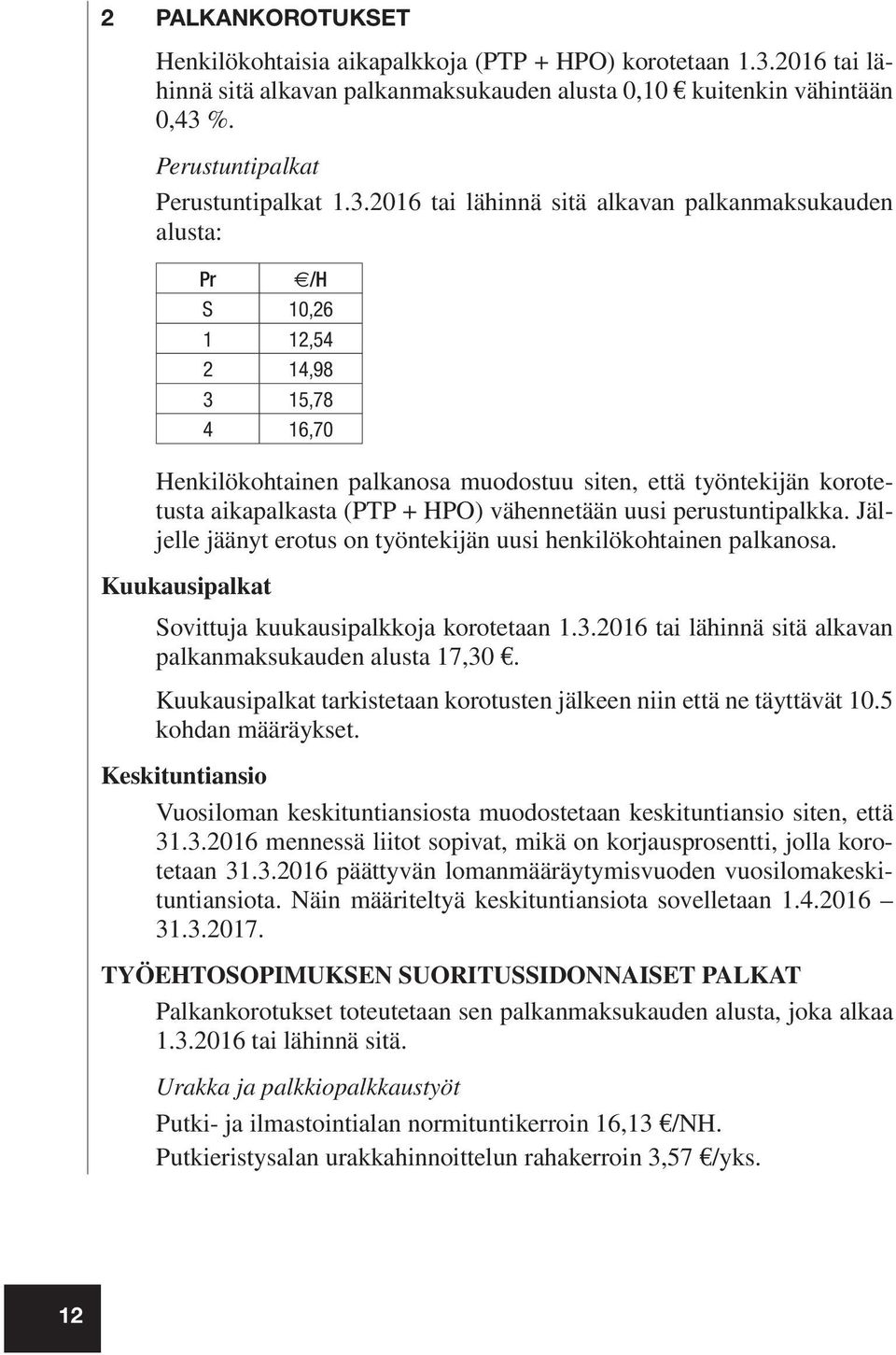 HPO) vähennetään uusi perustuntipalkka. Jäljelle jäänyt erotus on työntekijän uusi henkilökohtainen palkanosa. Kuukausipalkat Sovittuja kuukausipalkkoja korotetaan 1.3.