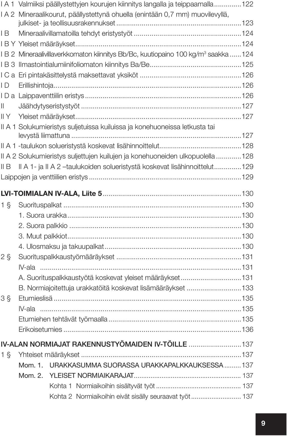 ..124 I B 3 IImastointialumiinifoliomaton kiinnitys Ba/Be...125 I C a Eri pintakäsittelystä maksettavat yksiköt...126 I D Erillishintoja...126 I D a Laippaventtiilin eristys.