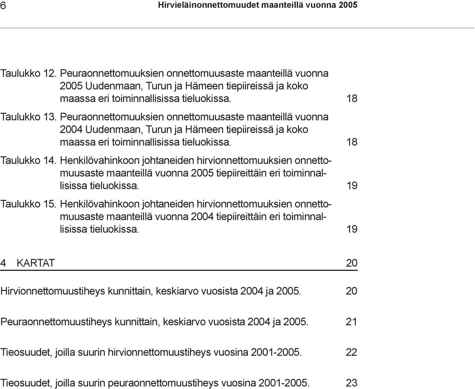 Peuraonnettomuuksien onnettomuusaste maanteillä vuonna 24 Uudenmaan, Turun ja Hämeen tiepiireissä ja koko maassa eri toiminnallisissa tieluokissa. 18 Taulukko 14.