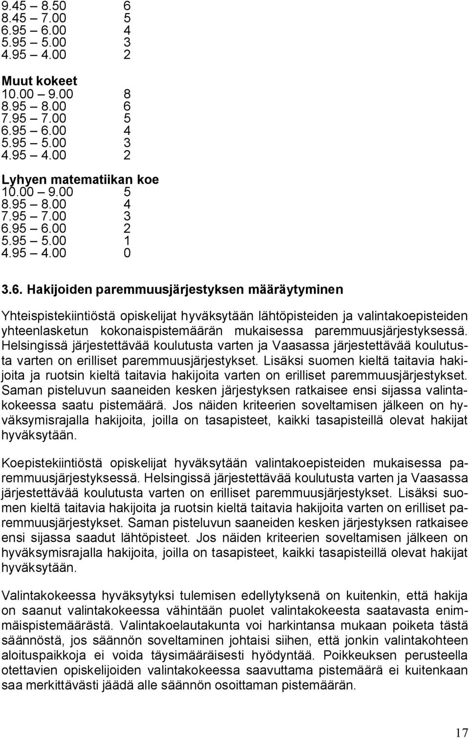 95 6.00 2 5.95 5.00 1 4.95 4.00 0 3.6. Hakijoiden paremmuusjärjestyksen määräytyminen Yhteispistekiintiöstä opiskelijat hyväksytään lähtöpisteiden ja valintakoepisteiden yhteenlasketun