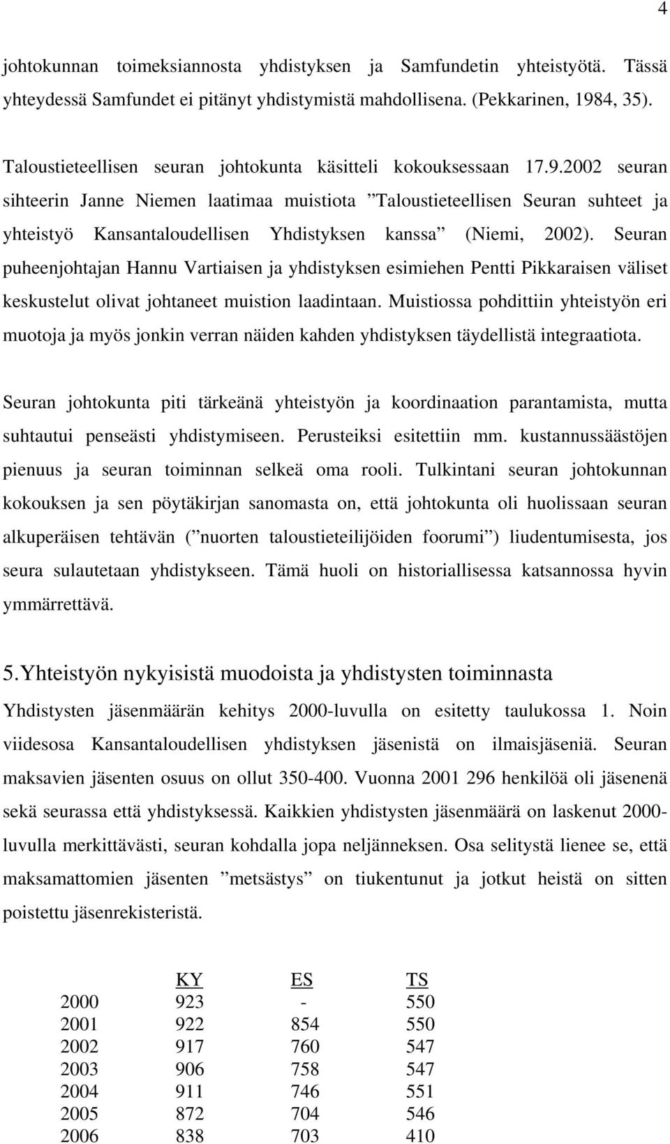 2002 seuran sihteerin Janne Niemen laatimaa muistiota Taloustieteellisen Seuran suhteet ja yhteistyö Kansantaloudellisen Yhdistyksen kanssa (Niemi, 2002).