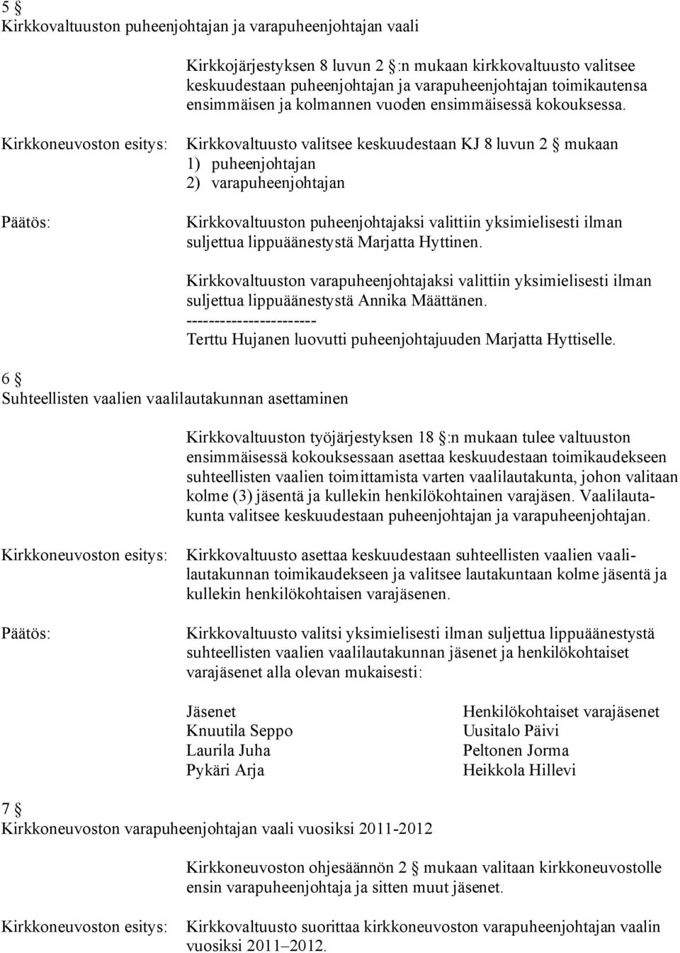 Kirkkovaltuusto valitsee keskuudestaan KJ 8 luvun 2 mukaan 1) puheenjohtajan 2) varapuheenjohtajan Kirkkovaltuuston puheenjohtajaksi valittiin yksimielisesti ilman suljettua lippuäänestystä Marjatta