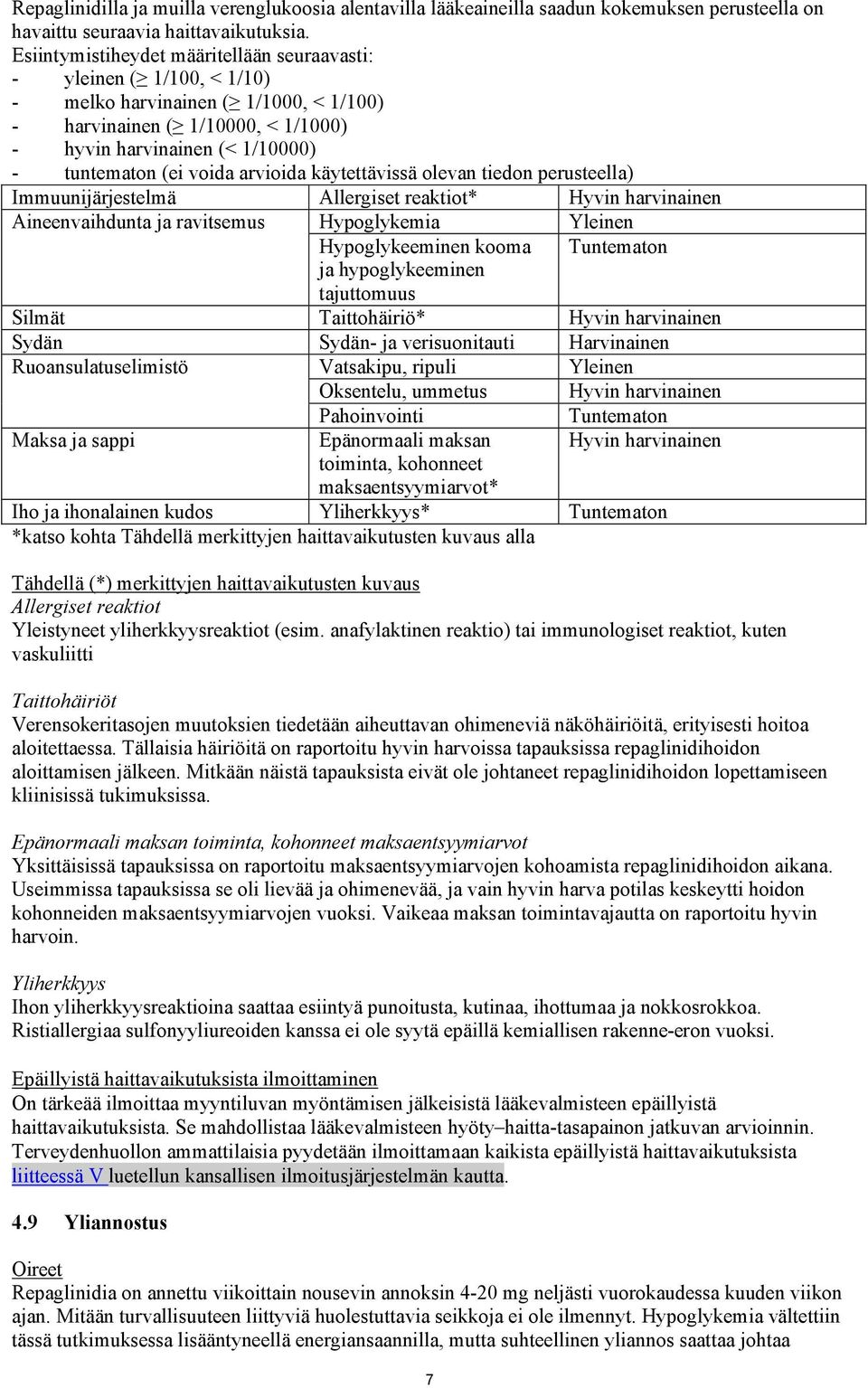 voida arvioida käytettävissä olevan tiedon perusteella) Immuunijärjestelmä Allergiset reaktiot* Hyvin harvinainen Aineenvaihdunta ja ravitsemus Hypoglykemia Yleinen Hypoglykeeminen kooma Tuntematon