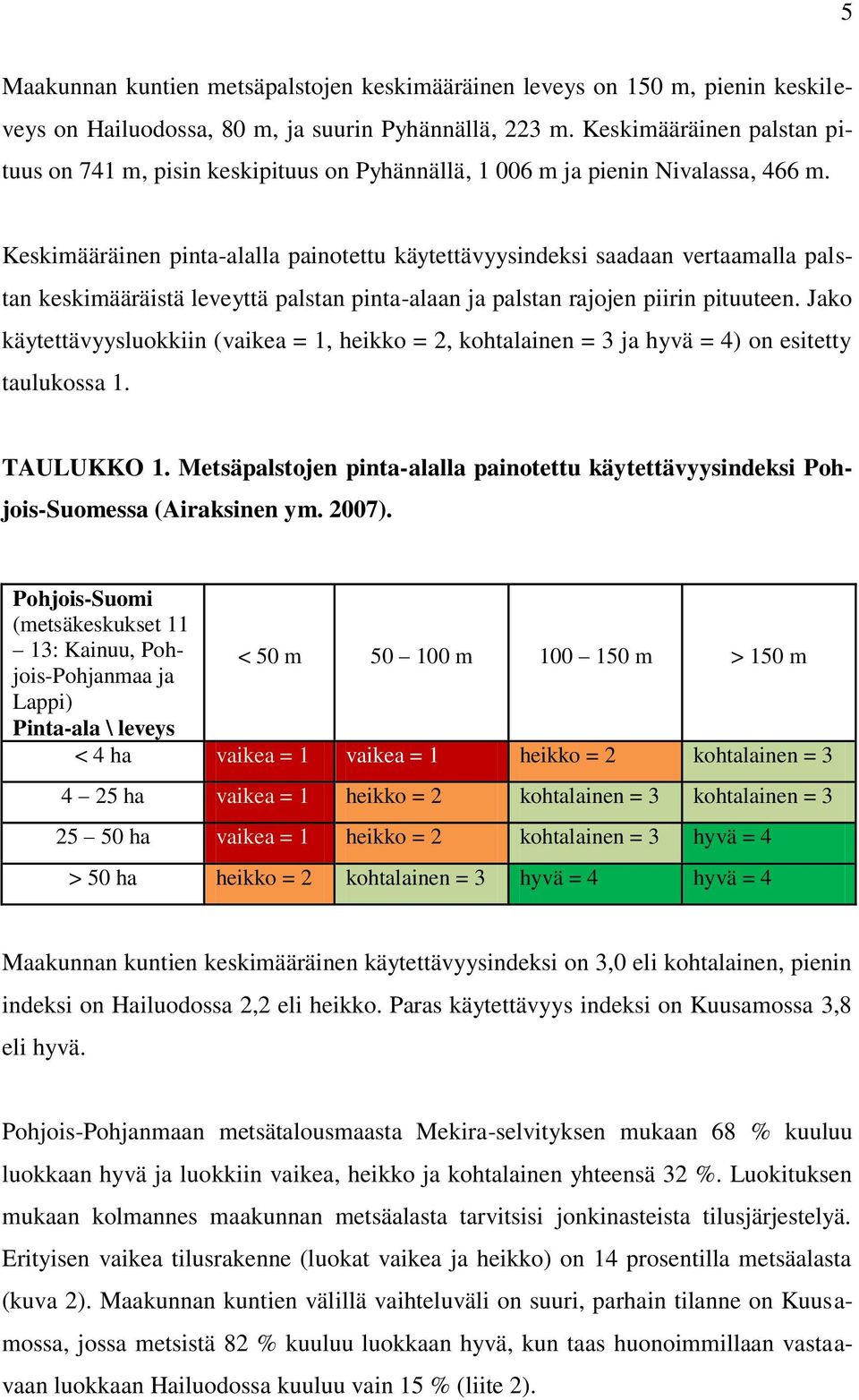 Keskimääräinen pinta-alalla painotettu käytettävyysindeksi saadaan vertaamalla palstan keskimääräistä leveyttä palstan pinta-alaan ja palstan rajojen piirin pituuteen.