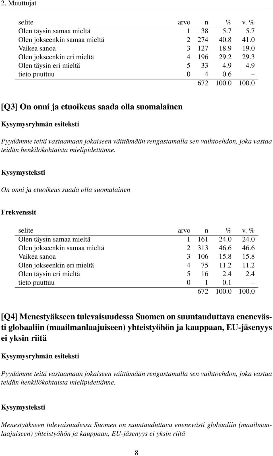 6 [Q3] On onni ja etuoikeus saada olla suomalainen Pyydämme teitä vastaamaan jokaiseen väittämään rengastamalla sen vaihtoehdon, joka vastaa teidän henkilökohtaista mielipidettänne.