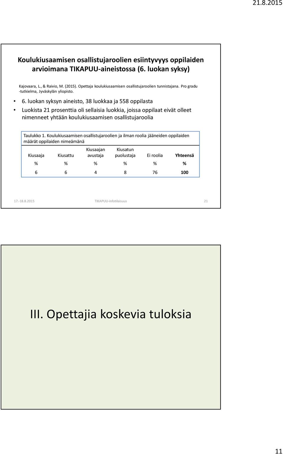 luokan syksyn aineisto, 38 luokkaa ja 558 oppilasta Luokista 21 prosenttia oli sellaisia luokkia, joissa oppilaat eivät olleet nimenneet yhtään koulukiusaamisen osallistujaroolia