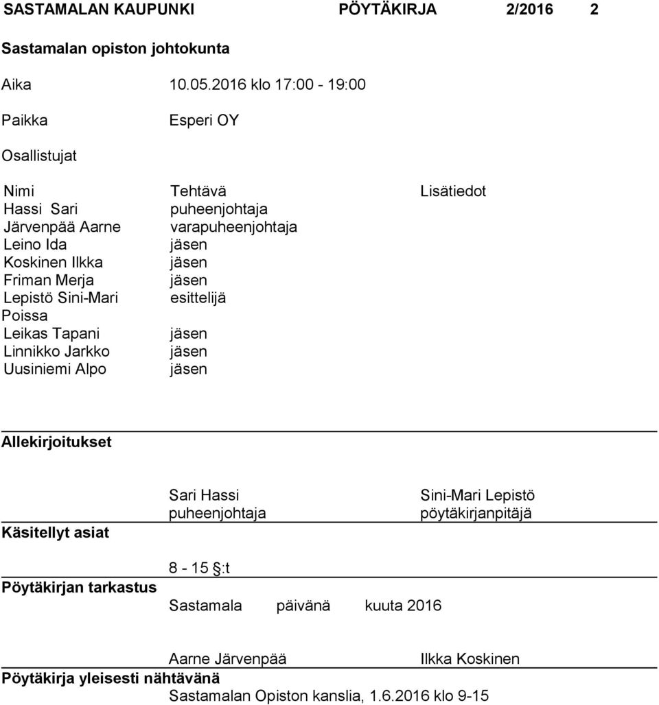 Koskinen Ilkka jäsen Friman Merja jäsen Lepistö Sini-Mari esittelijä Poissa Leikas Tapani jäsen Linnikko Jarkko jäsen Uusiniemi Alpo jäsen Allekirjoitukset