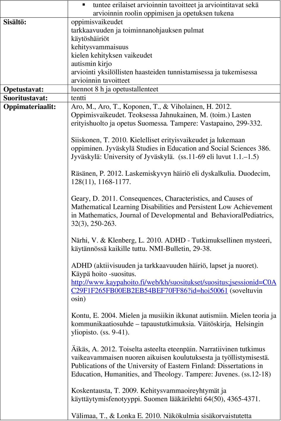 , Aro, T., Koponen, T., & Viholainen, H. 2012. Oppimisvaikeudet. Teoksessa Jahnukainen, M. (toim.) Lasten erityishuolto ja opetus Suomessa. Tampere: Vastapaino, 299-332. Siiskonen, T. 2010.