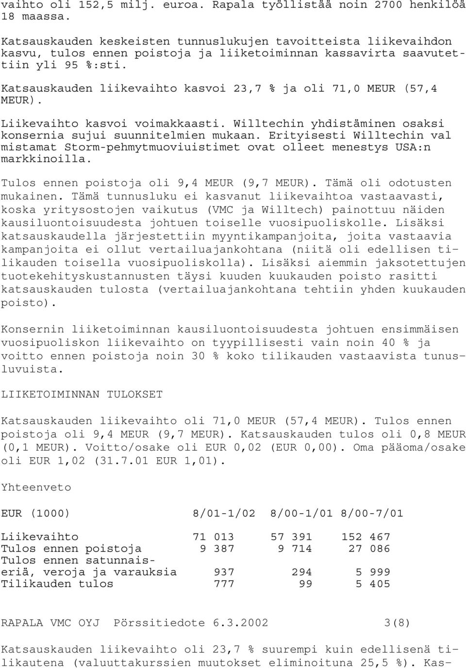 Katsauskauden liikevaihto kasvoi 23,7 % ja oli 71,0 MEUR (57,4 MEUR). Liikevaihto kasvoi voimakkaasti. Willtechin yhdistäminen osaksi konsernia sujui suunnitelmien mukaan.