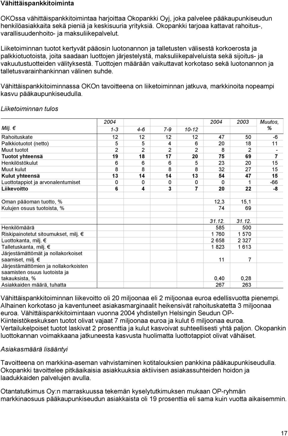 Liiketoiminnan tuotot kertyvät pääosin luotonannon ja talletusten välisestä korkoerosta ja palkkiotuotoista, joita saadaan luottojen järjestelystä, maksuliikepalveluista sekä sijoitus- ja