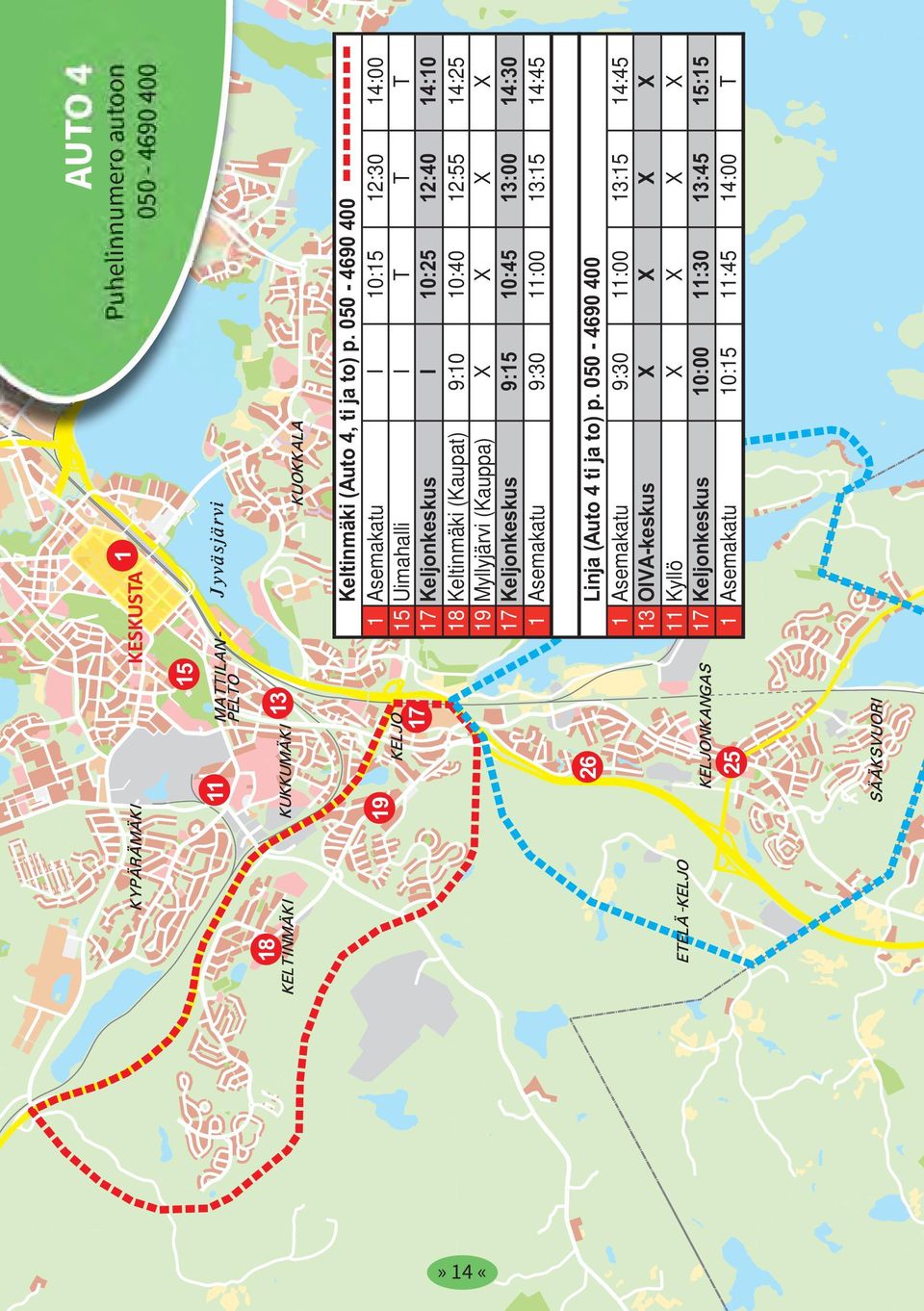 12:55 14:25 19 Myllyjärvi (Kauppa) X X X X 17 Keljonkeskus 9:15 10:45 13:00 14:30 1 Asemakatu 9:30 11:00 13:15 14:45 Linja (Auto 4 ti ja
