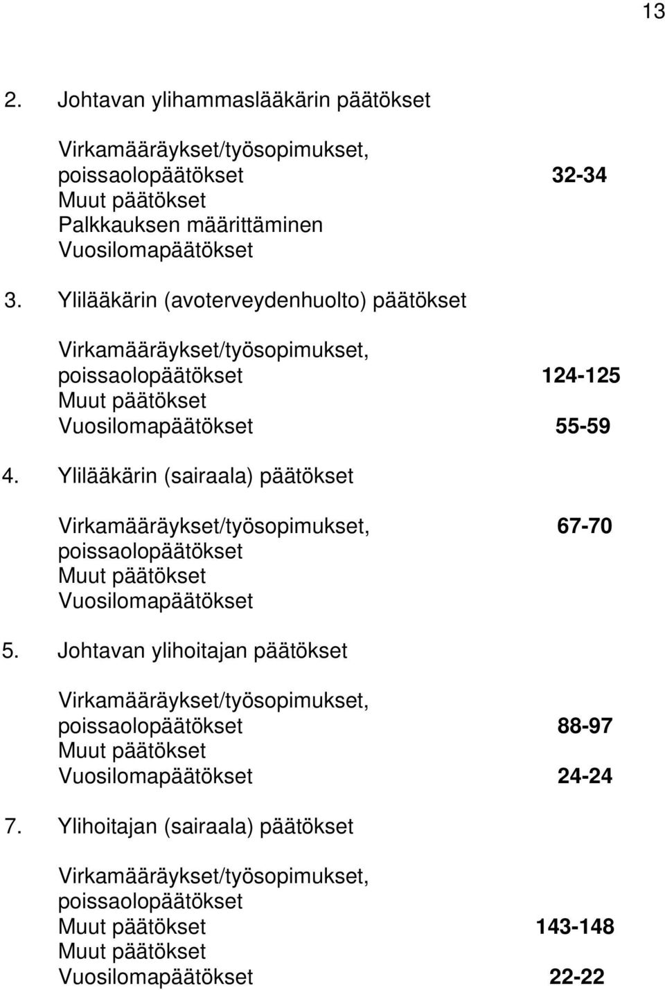 Ylilääkärin (sairaala) päätökset Virkamääräykset/työsopimukset, 67-70 poissaolopäätökset Muut päätökset Vuosilomapäätökset 5.