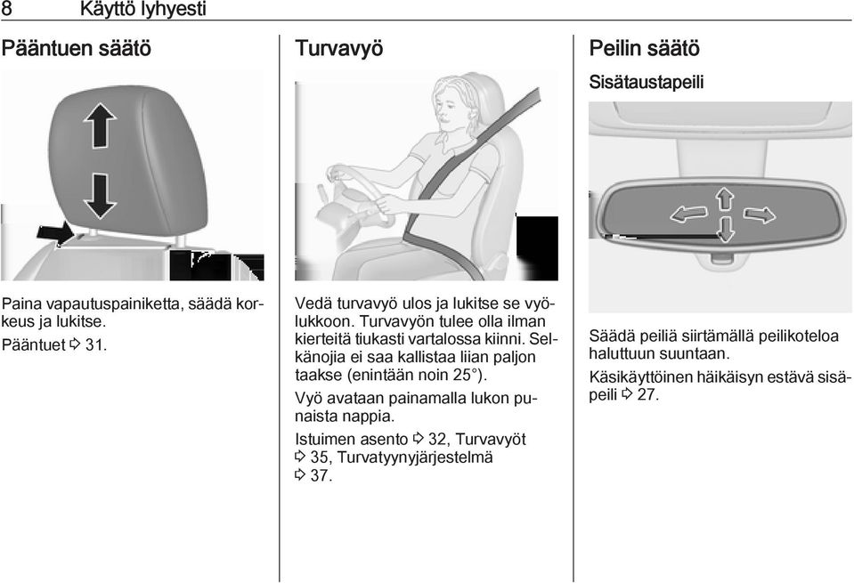 Selkänojia ei saa kallistaa liian paljon taakse (enintään noin 25 ). Vyö avataan painamalla lukon punaista nappia.