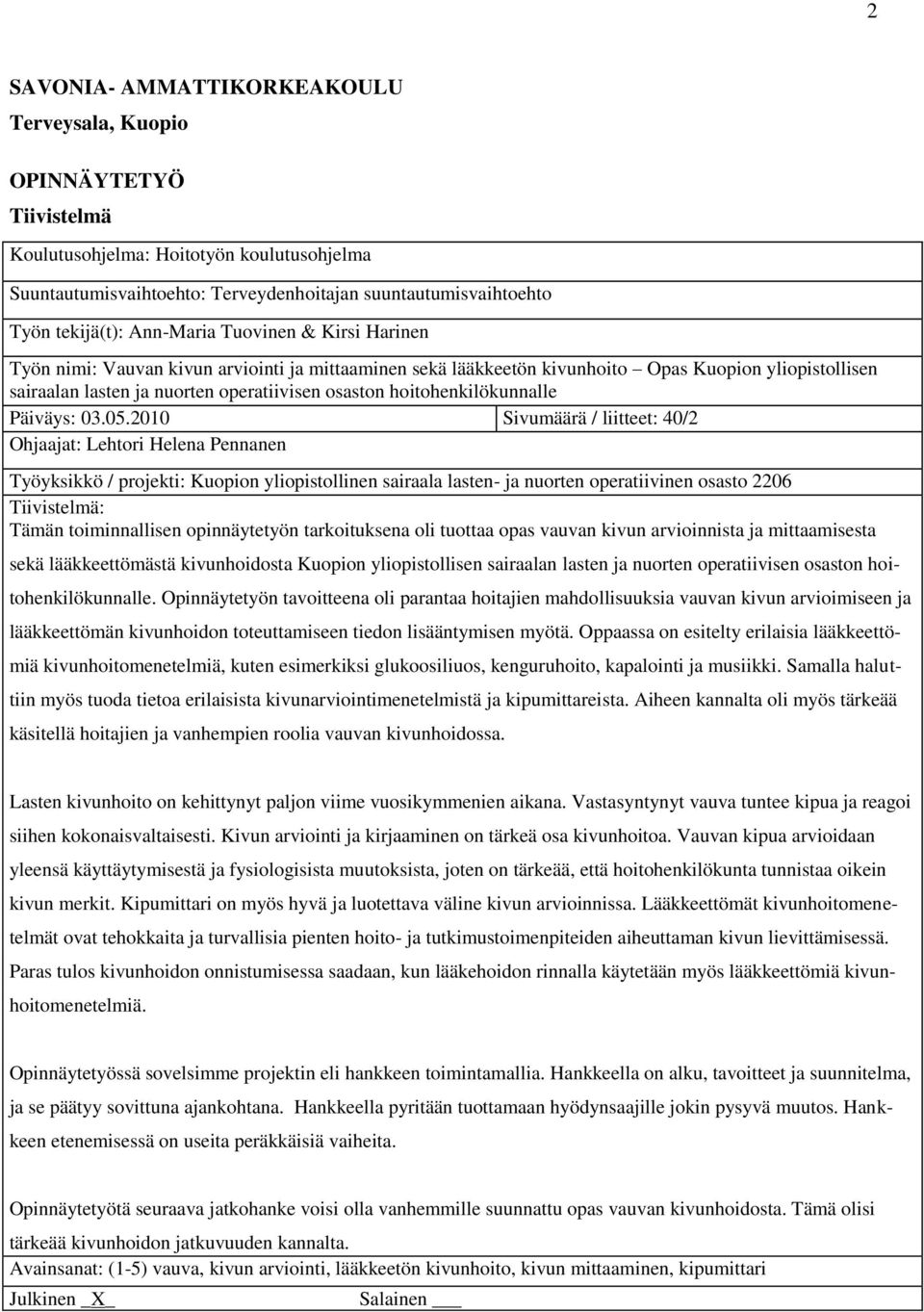 hoitohenkilökunnalle Päiväys: 03.05.