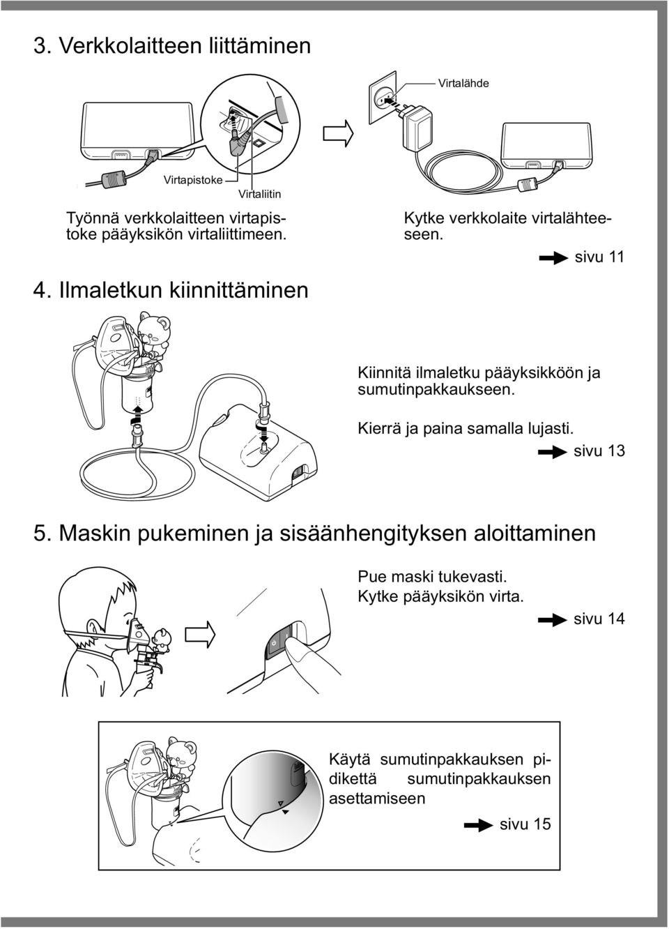 sivu 11 Kiinnitä ilmaletku pääyksikköön ja sumutinpakkaukseen. Kierrä ja paina samalla lujasti. sivu 13 5.