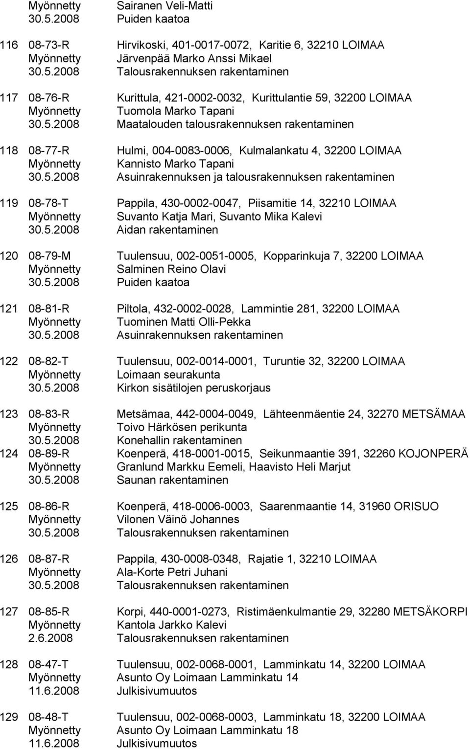 Tuomola Marko Tapani 30.5.2008 Maatalouden talousrakennuksen rakentaminen 118 08-77-R Hulmi, 004-0083-0006, Kulmalankatu 4, 32200 LOIMAA Myönnetty Kannisto Marko Tapani 30.5.2008 Asuinrakennuksen ja talousrakennuksen rakentaminen 119 08-78-T Pappila, 430-0002-0047, Piisamitie 14, 32210 LOIMAA Myönnetty Suvanto Katja Mari, Suvanto Mika Kalevi 30.