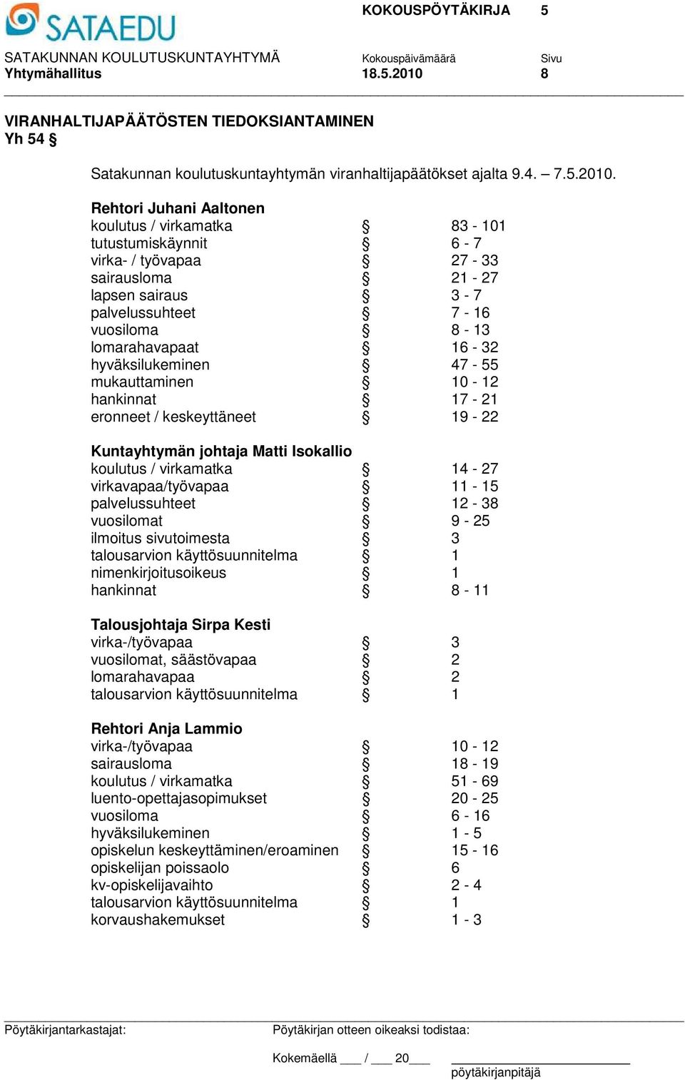 Rehtori Juhani Aaltonen koulutus / virkamatka 83-101 tutustumiskäynnit 6-7 virka- / työvapaa 27-33 sairausloma 21-27 lapsen sairaus 3-7 palvelussuhteet 7-16 vuosiloma 8-13 lomarahavapaat 16-32