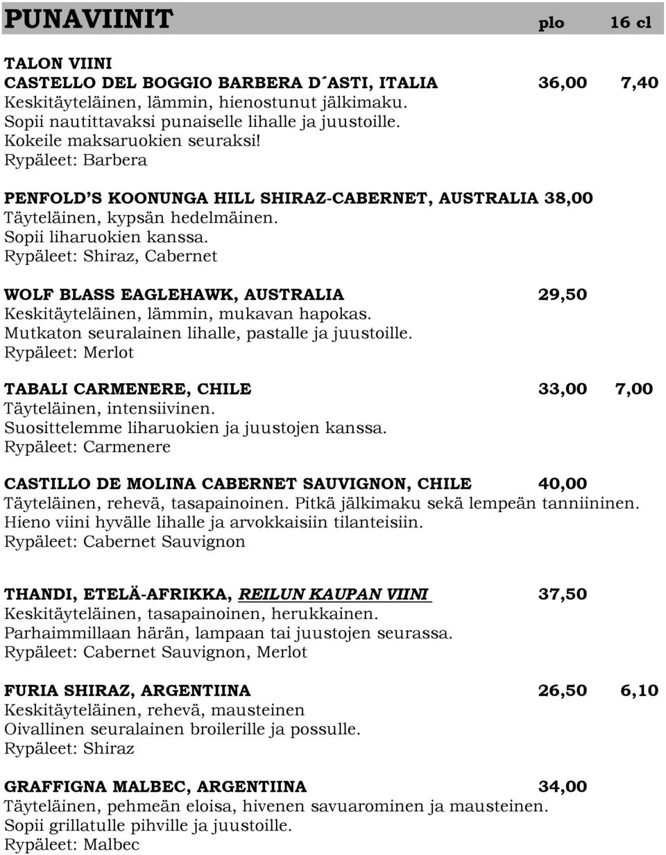 Rypäleet: Shiraz, Cabernet WOLF BLASS EAGLEHAWK, AUSTRALIA 29,50 Keskitäyteläinen, lämmin, mukavan hapokas. Mutkaton seuralainen lihalle, pastalle ja juustoille.