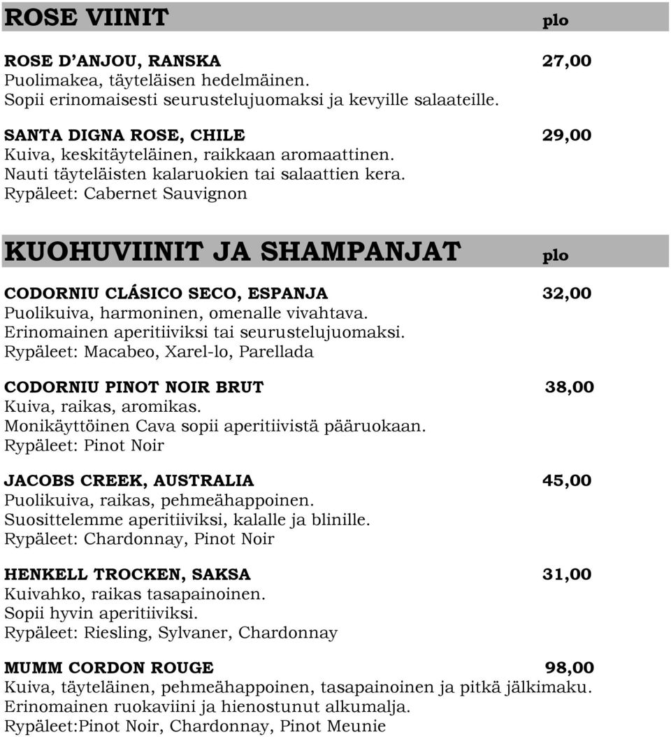 Rypäleet: Cabernet Sauvignon KUOHUVIINIT JA SHAMPANJAT plo CODORNIU CLÁSICO SECO, ESPANJA 32,00 Puolikuiva, harmoninen, omenalle vivahtava. Erinomainen aperitiiviksi tai seurustelujuomaksi.