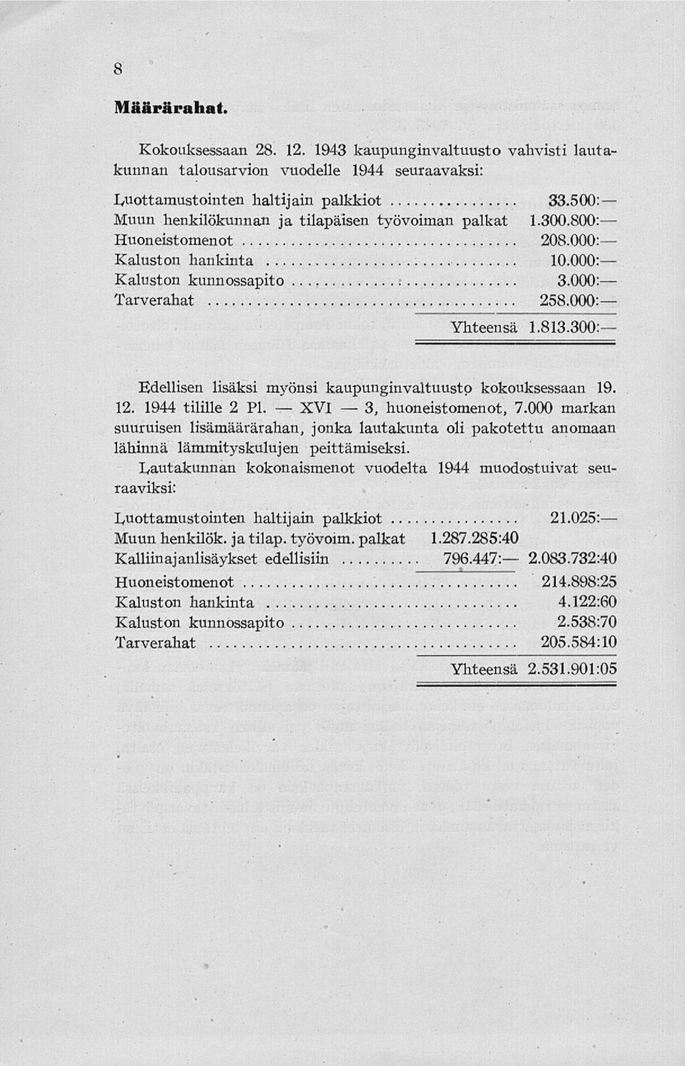 300: Edellisen lisäksi myönsi kaupunginvaltuusto kokouksessaan 19. 12. 1944 tilille 2 Pl. huoneistomenot, 7.